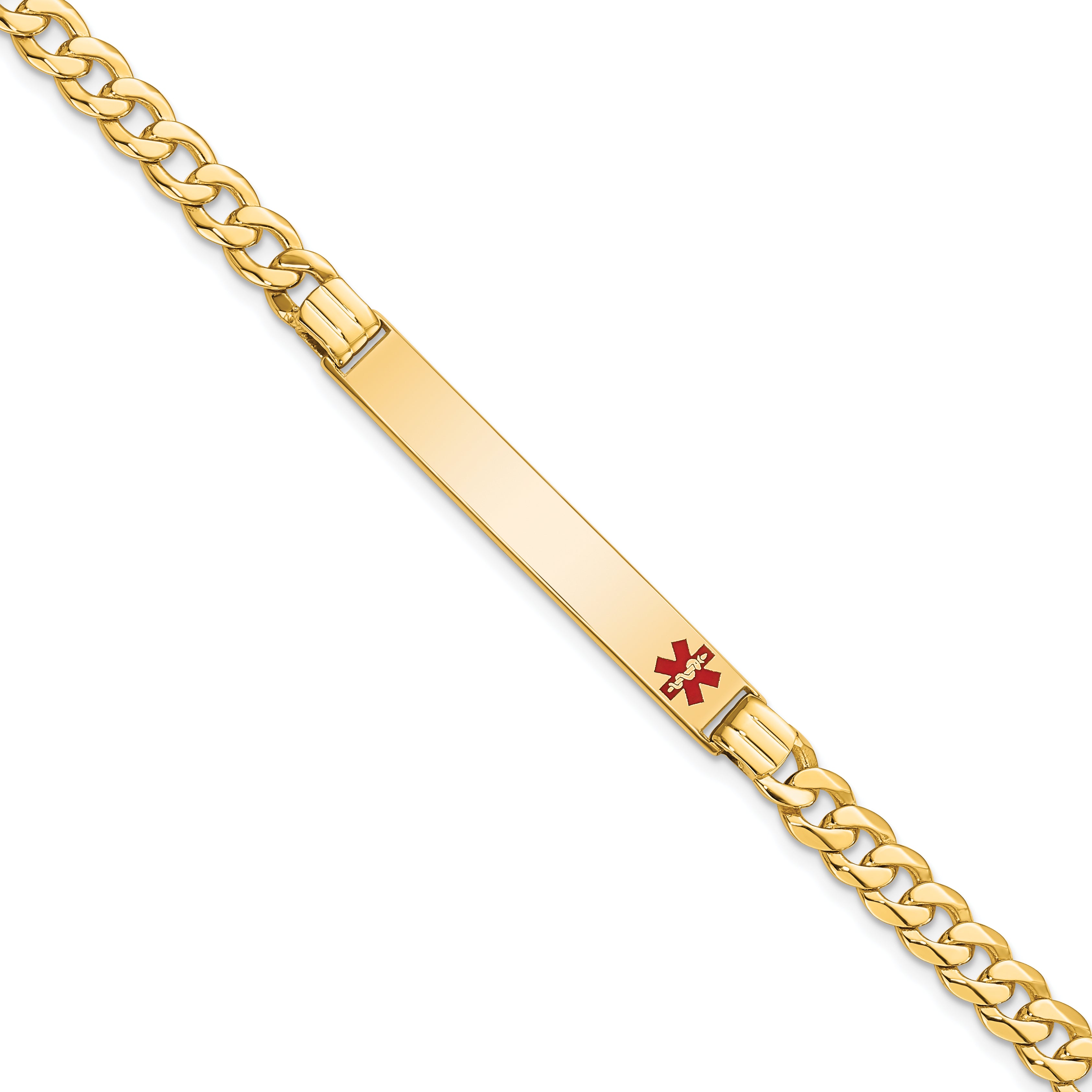 14K Medical Solid Chain/Solid Plate 37x6mm Off-Center Red Enamel Curb Link 7 inch ID Bracelet