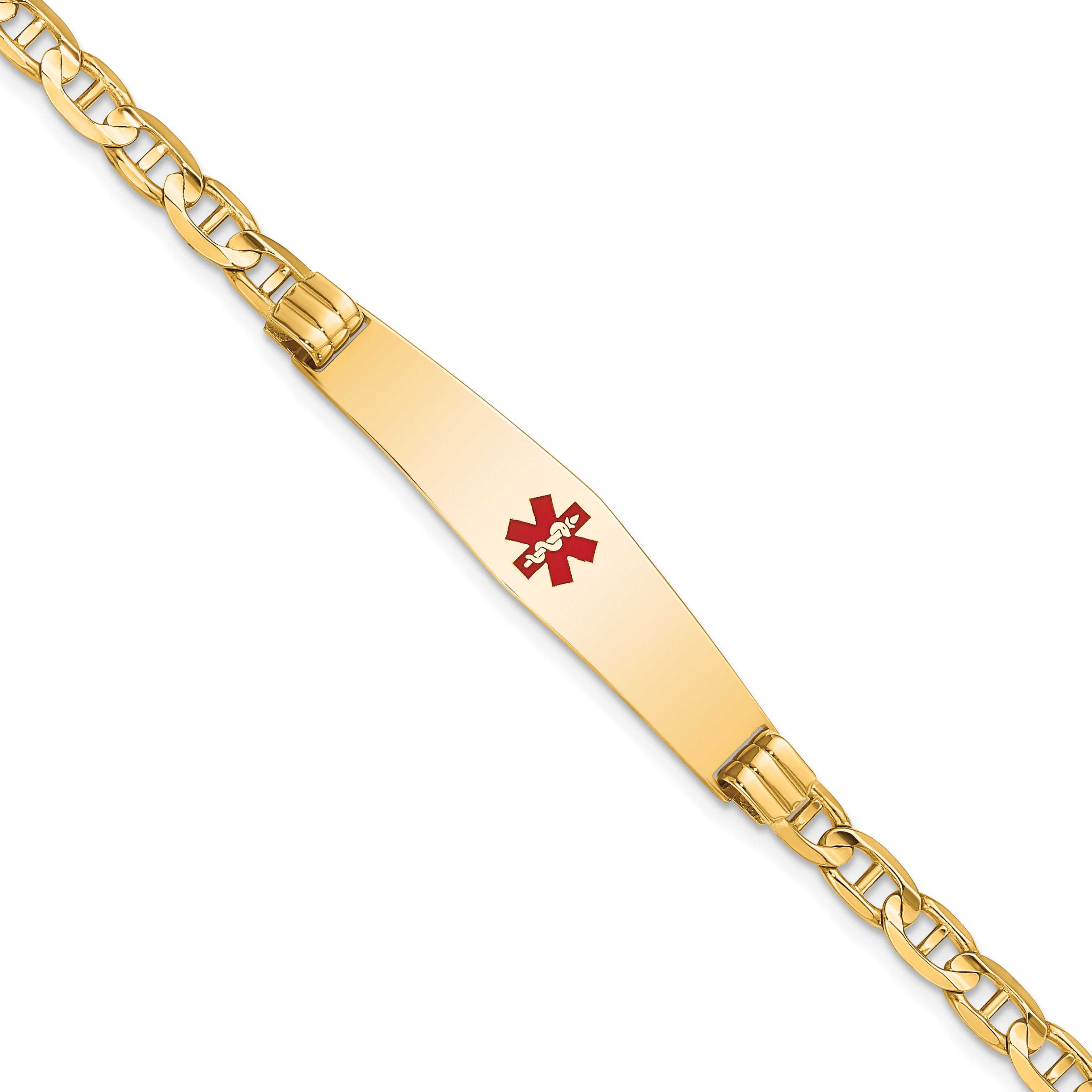 14K Medical Solid Chain/Solid Plate Soft Diamond Shape 36x9mm Centered Red Enamel Anchor Link 7 inch ID Bracelet