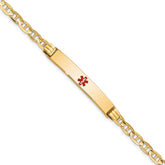 14K Medical Solid Chain/Solid Plate 37x6mm Centered Red Enamel Anchor Link 7 inch ID Bracelet