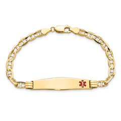 14K Medical Solid Chain/Solid Plate Soft Diamond Shape 36x9mm Off-Center Red Enamel Anchor Link 7 inch ID Bracelet