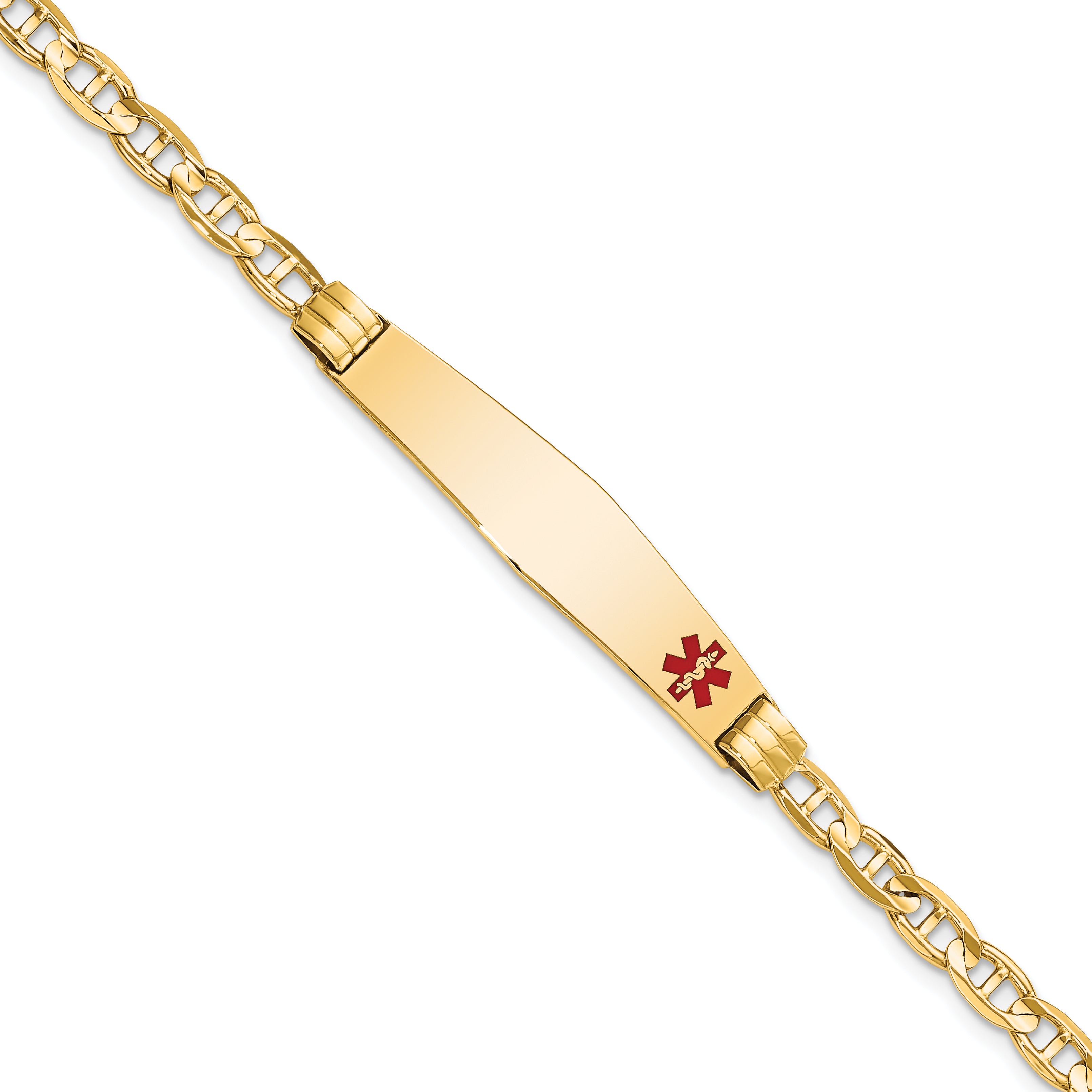 14K Medical Solid Chain/Solid Plate Soft Diamond Shape 36x9mm Off-Center Red Enamel Anchor Link 7 inch ID Bracelet