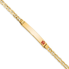 14K Medical Solid Chain/Solid Plate 37x6mm Off-Center Red Enamel Anchor Link 7 inch ID Bracelet