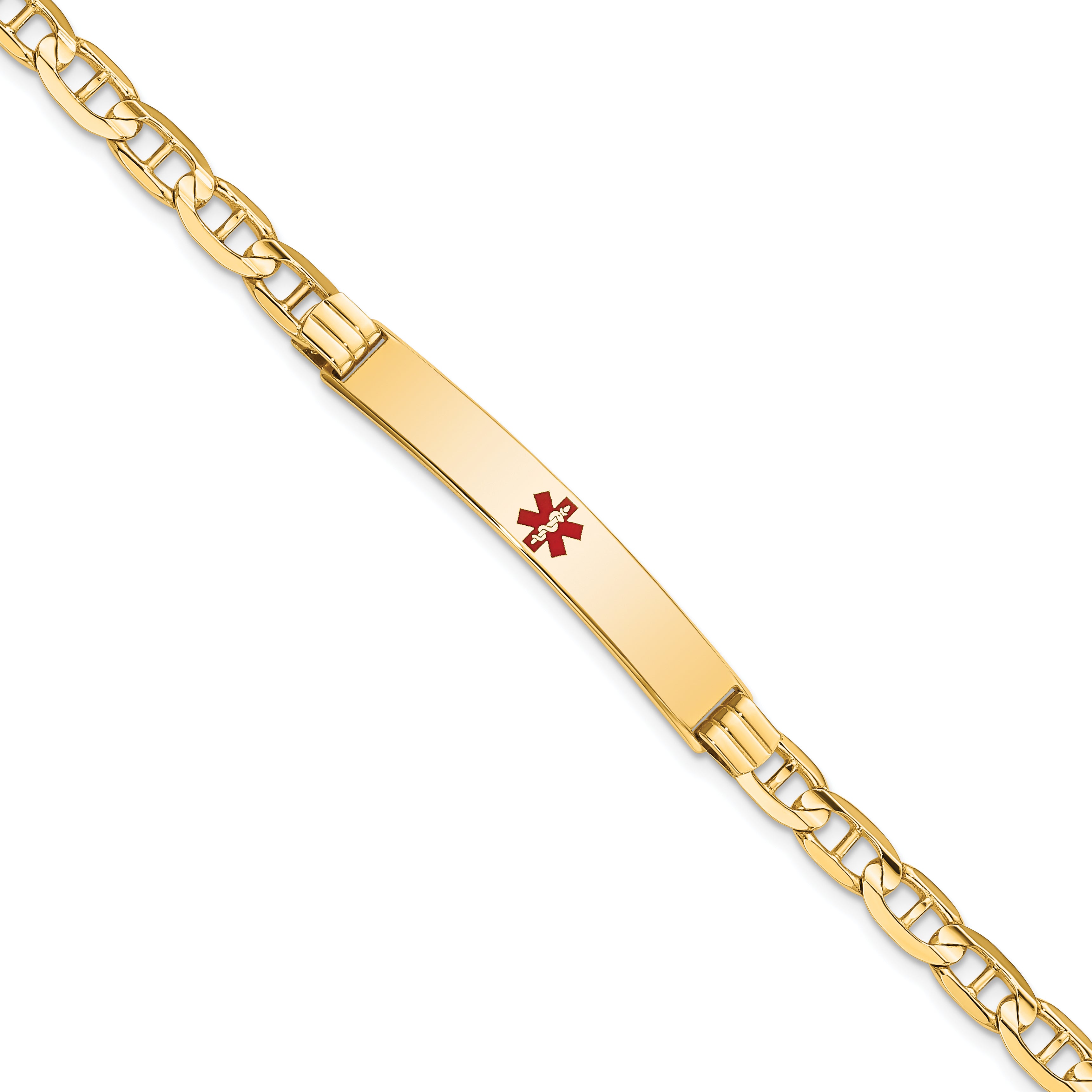 14K Medical Solid Chain/Solid Plate 37x6mm Centered Red Enamel Anchor Link 7 inch ID Bracelet