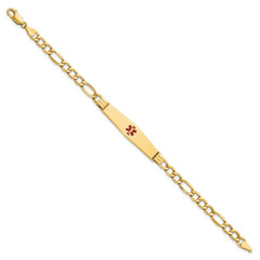 14K Medical Semi-Solid Chain/Solid Plate Soft Diamond Shape 37x9mm Centered Red Enamel Figaro Link 7 inch ID Bracelet