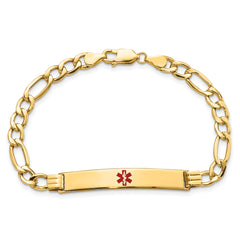14K Medical Semi-Solid Chain/Solid Plate 37x6mm Centered Red Enamel Figaro Link 7 inch ID Bracelet
