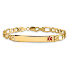 14K Medical Semi-Solid Chain/Solid Plate 37x6mm Off-Center Red Enamel Figaro Link 7 inch ID Bracelet