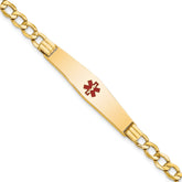 14K Medical Semi-Solid Chain/Solid Plate Soft Diamond Shape 37x9mm Centered Red Enamel Curb Link 7 inch ID Bracelet