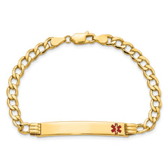 14K Medical Semi-Solid Chain/Solid Plate 37x6mm Off-Center Red Enamel Cuban Link 7 inch ID Bracelet