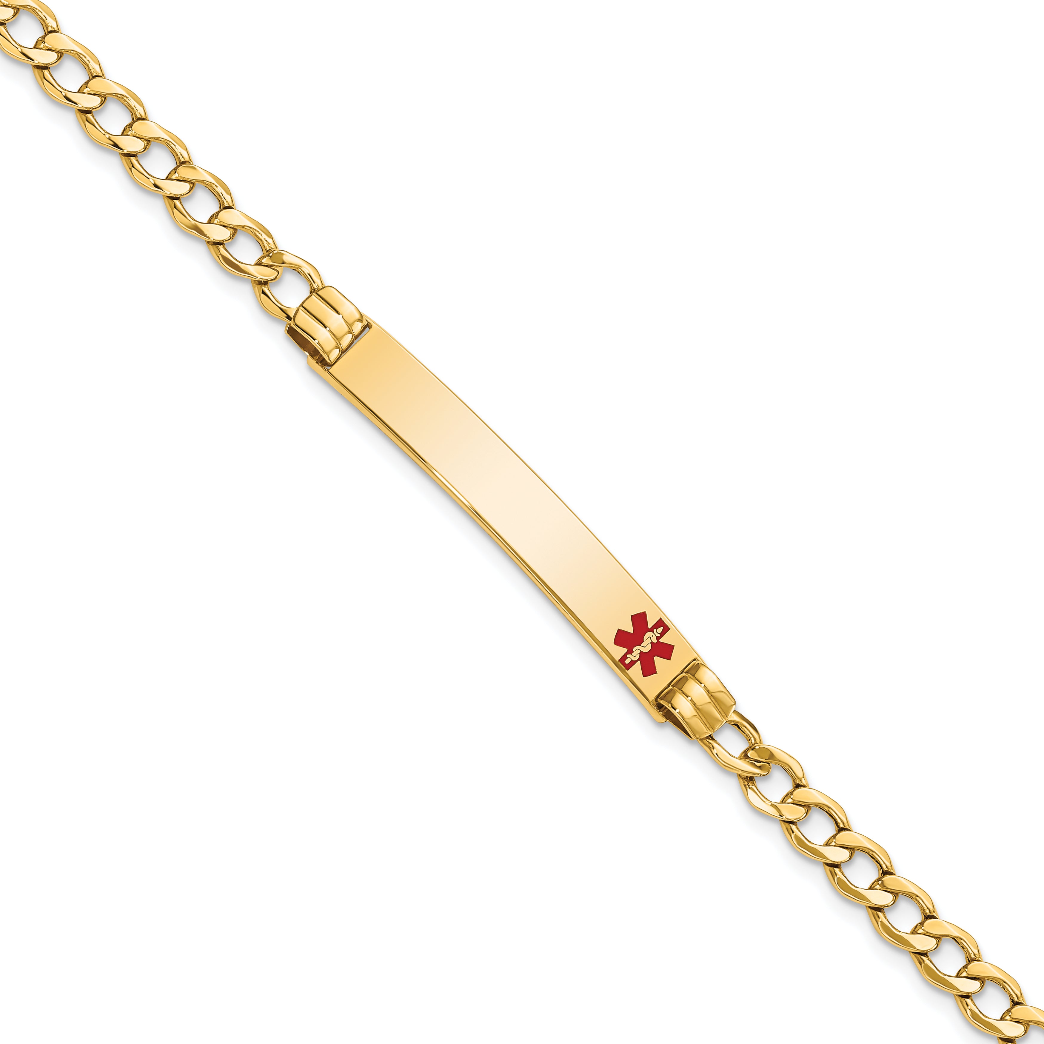 14K Medical Semi-Solid Chain/Solid Plate 37x6mm Off-Center Red Enamel Cuban Link 7 inch ID Bracelet