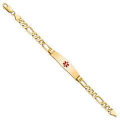 14K Medical Solid Chain/Solid Plate Soft Diamond Shape 36x9mm Centered Red Enamel Figaro Link 7 inch ID Bracelet