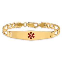 14K Medical Solid Chain/Solid Plate Soft Diamond Shape 36x9mm Centered Red Enamel Figaro Link 7 inch ID Bracelet