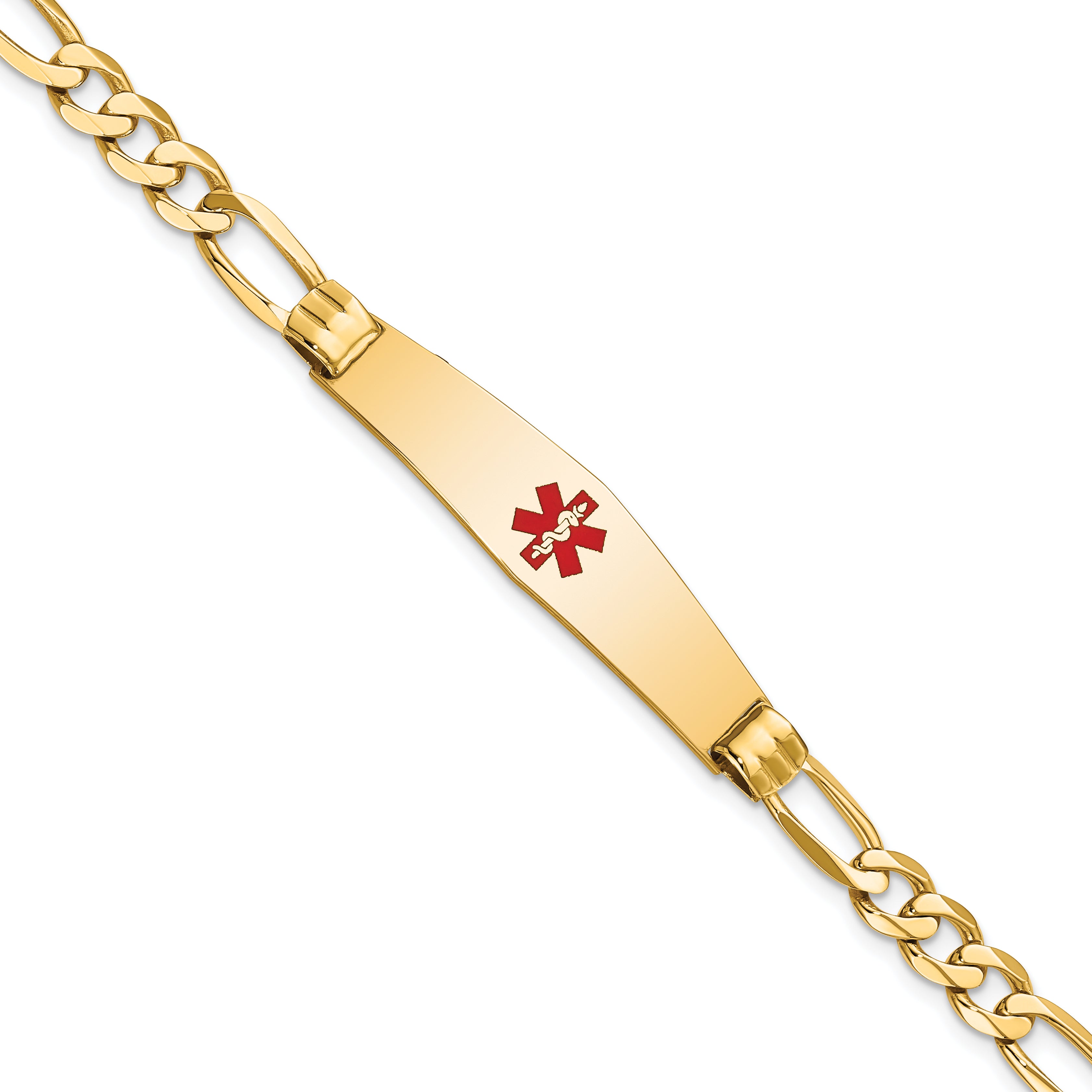 14K Medical Solid Chain/Solid Plate Soft Diamond Shape 36x9mm Centered Red Enamel Figaro Link 7 inch ID Bracelet