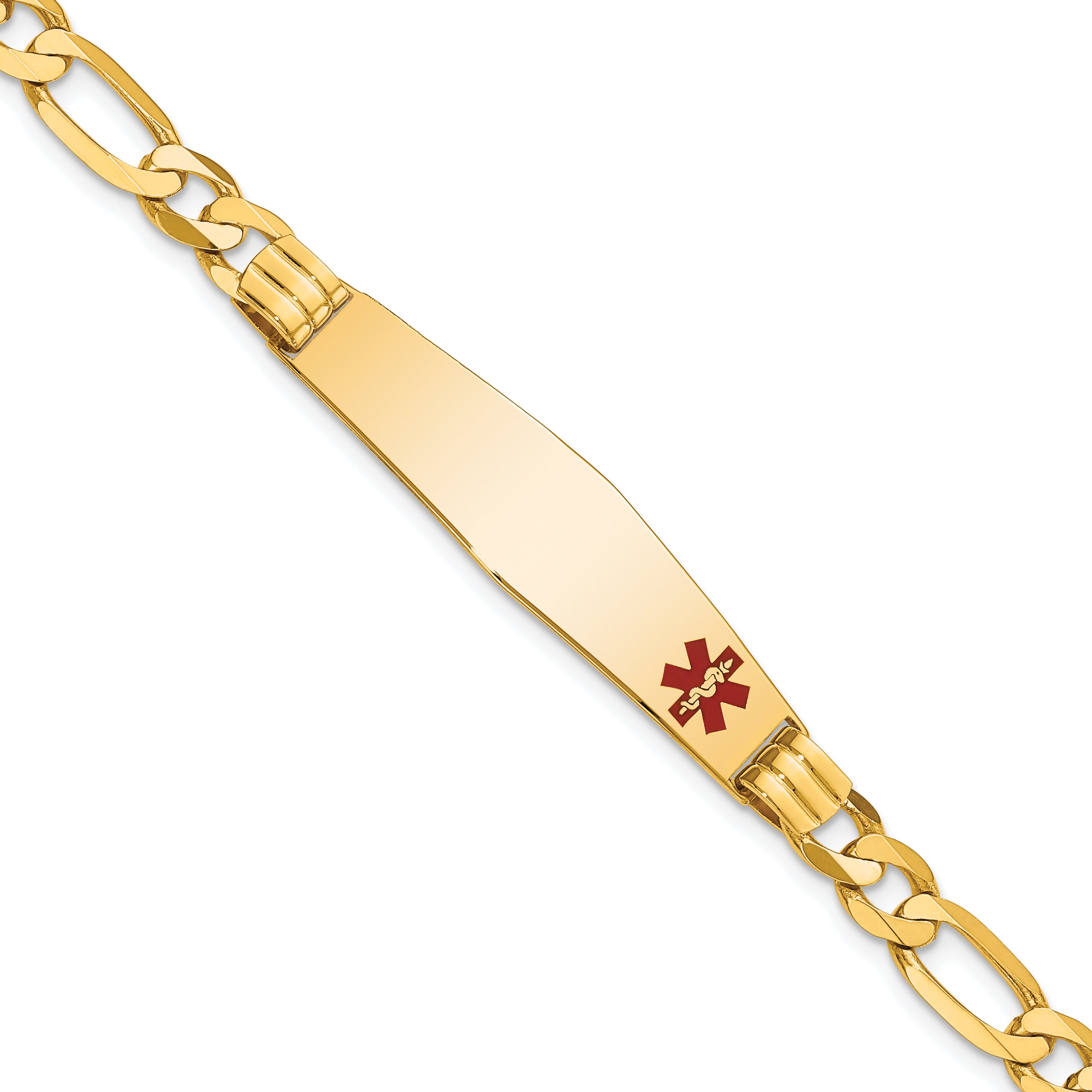 14K Medical Solid Chain/Solid Plate Soft Diamond Shape 38x9mm Off-Center Red Enamel Figaro Link 7 inch ID Bracelet
