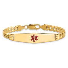 14K Medical Solid Chain/Solid Plate Soft Diamond Shape 37x9mm Centered Red Enamel Curb Link 7 inch ID Bracelet