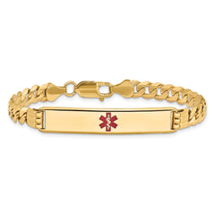 14K Medical Solid Chain/Solid Plate 38x8mm Centered Red Enamel Curb Link 7 inch ID Bracelet
