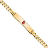 14K Medical Solid Chain/Solid Plate 38x8mm Centered Red Enamel Curb Link 7 inch ID Bracelet