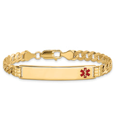 14K Medical Solid Chain/Solid Plate 38x8mm Off-Center Red Enamel Curb Link 7 inch ID Bracelet