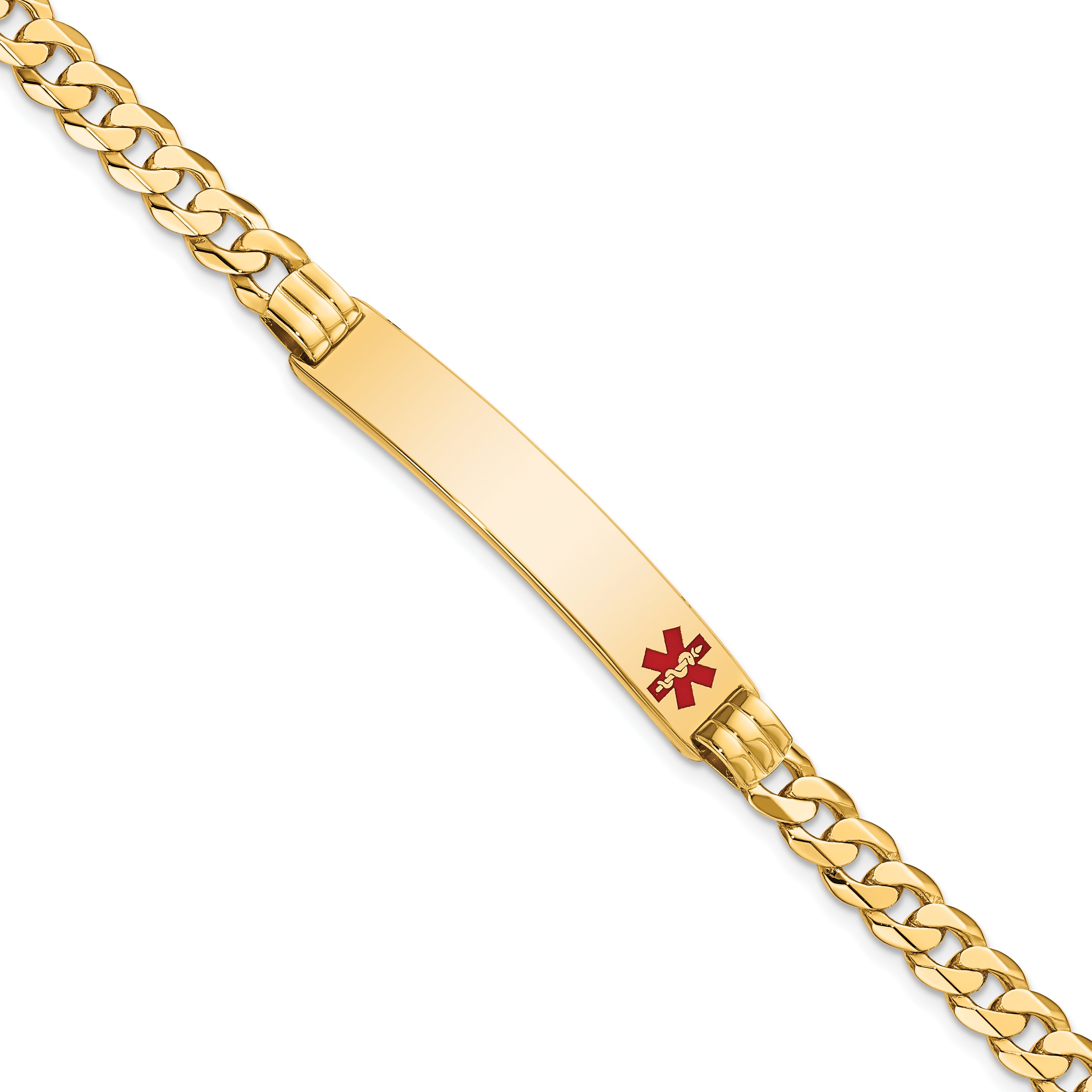 14K Medical Solid Chain/Solid Plate 38x8mm Off-Center Red Enamel Curb Link 7 inch ID Bracelet