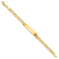 14K Medical Solid Chain/Solid Plate Soft Diamond Shape 38x9mm Off-Center Red Enamel Anchor Link 7 inch ID Bracelet