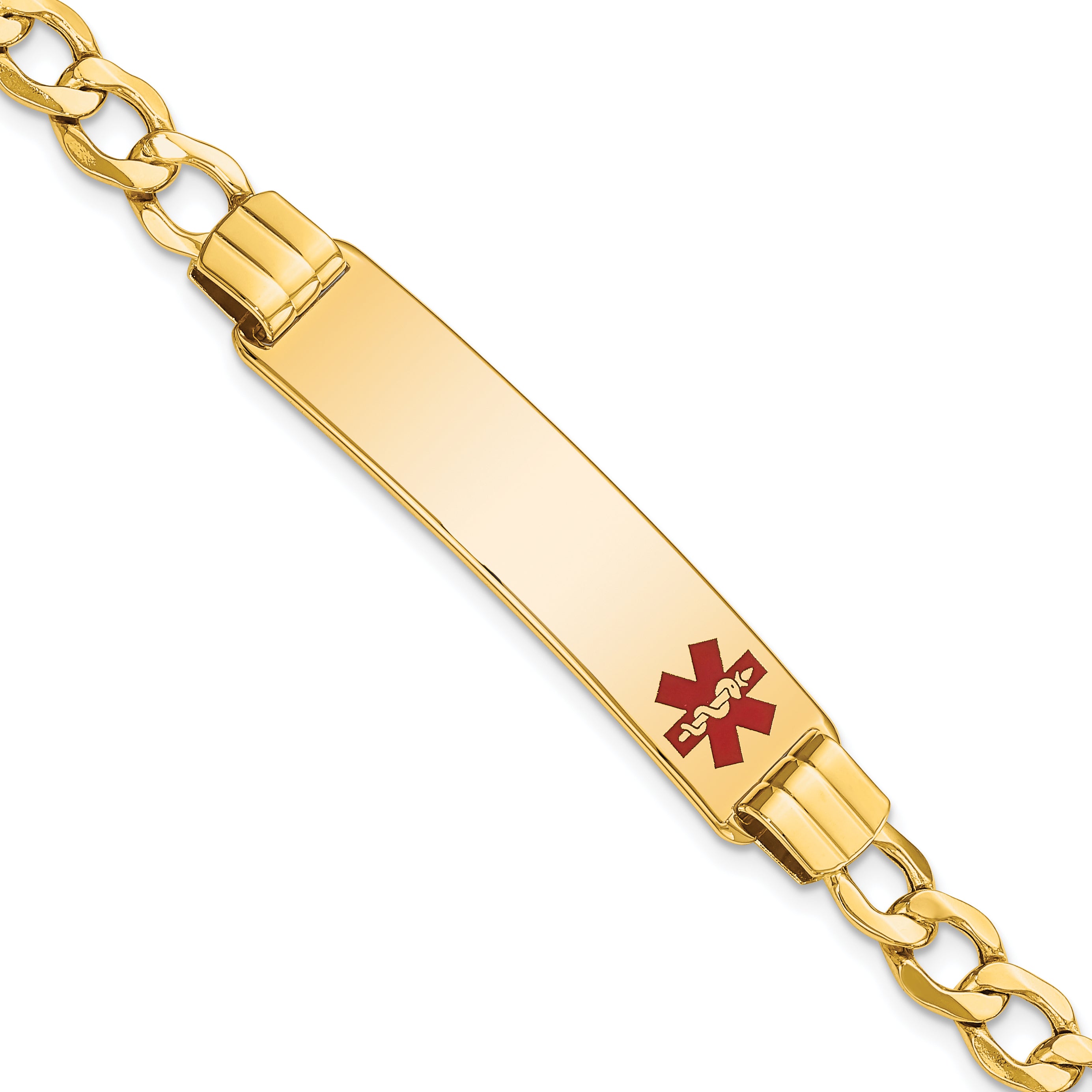 14K Medical Semi-solid Chain/Solid Plate 40x10mm Off-Center Red Enamel Curb Link 7 inch ID Bracelet