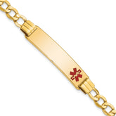 14K Medical Semi-solid Chain/Solid Plate 40x10mm Off-Center Red Enamel Curb Link 7 inch ID Bracelet
