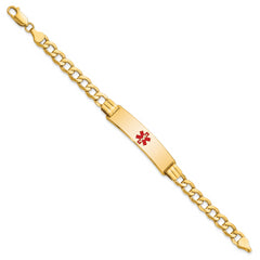 14K Medical Semi-Solid Chain/Solid Plate 40x10mm Centered Red Enamel Curb Link 7 inch ID Bracelet