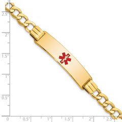 14K Medical Semi-Solid Chain/Solid Plate 40x10mm Centered Red Enamel Curb Link 7 inch ID Bracelet