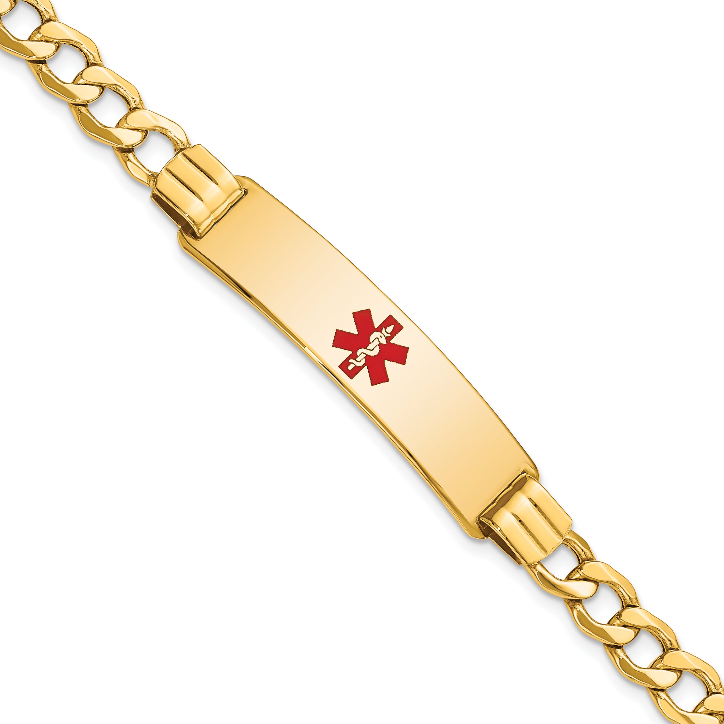 14K Medical Semi-Solid Chain/Solid Plate 40x10mm Centered Red Enamel Curb Link 7 inch ID Bracelet