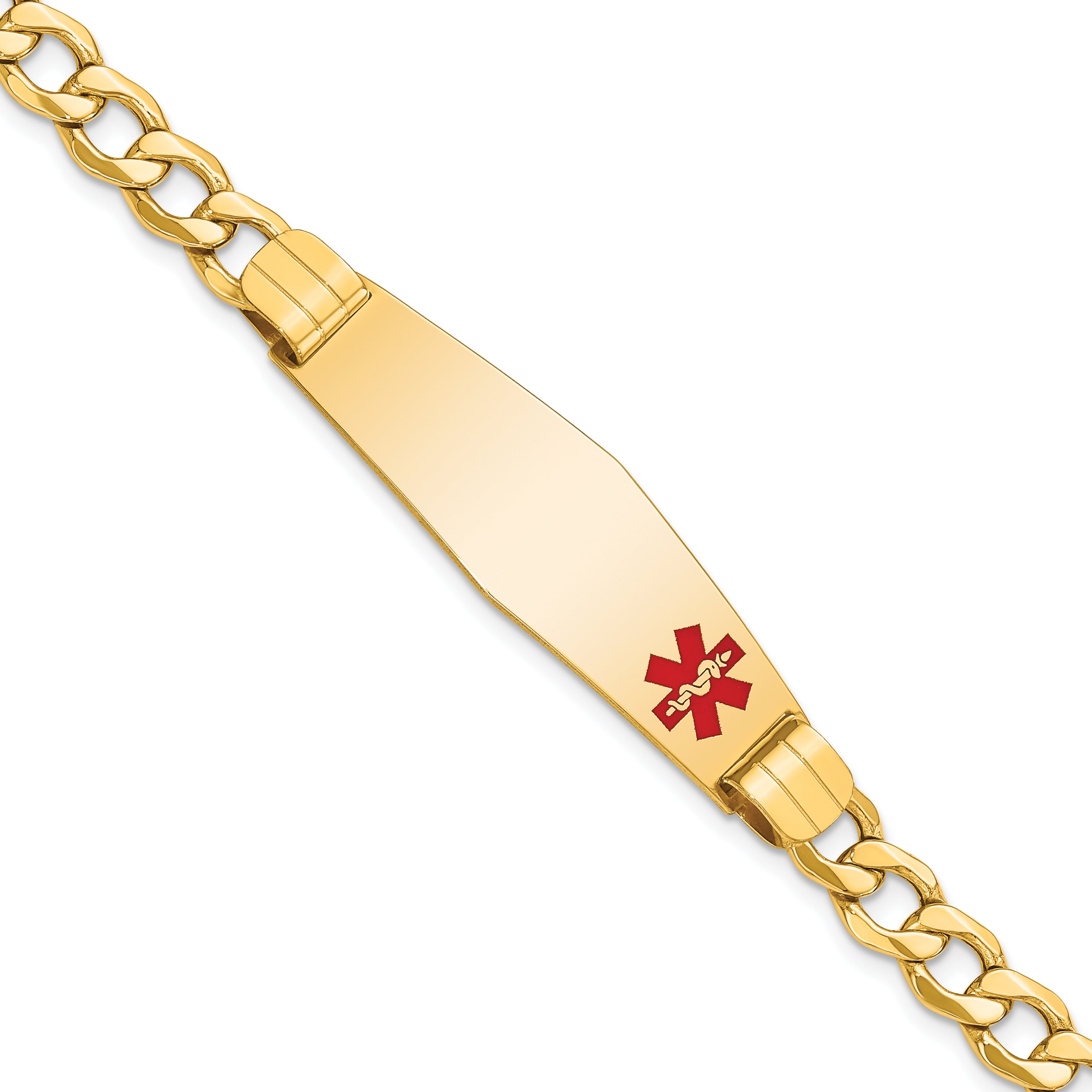 14K Medical Semi-Solid Chain/Solid Plate Soft Diamond Shape 40x12mm Off-Center Red Enamel Curb Link 7 inch ID Bracelet