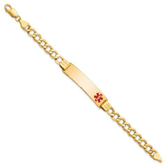 14K Medical Semi-solid Chain/Solid Plate 40x10mm Off-Center Red Enamel Curb Link 7 inch ID Bracelet