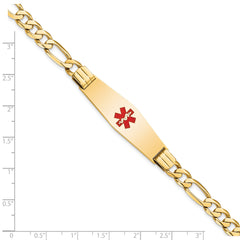 14K Medical Solid Chain/Solid Plate Soft Diamond Shape 40x12mm Centered Red Enamel Flat Figaro Link 7 inch ID Bracelet
