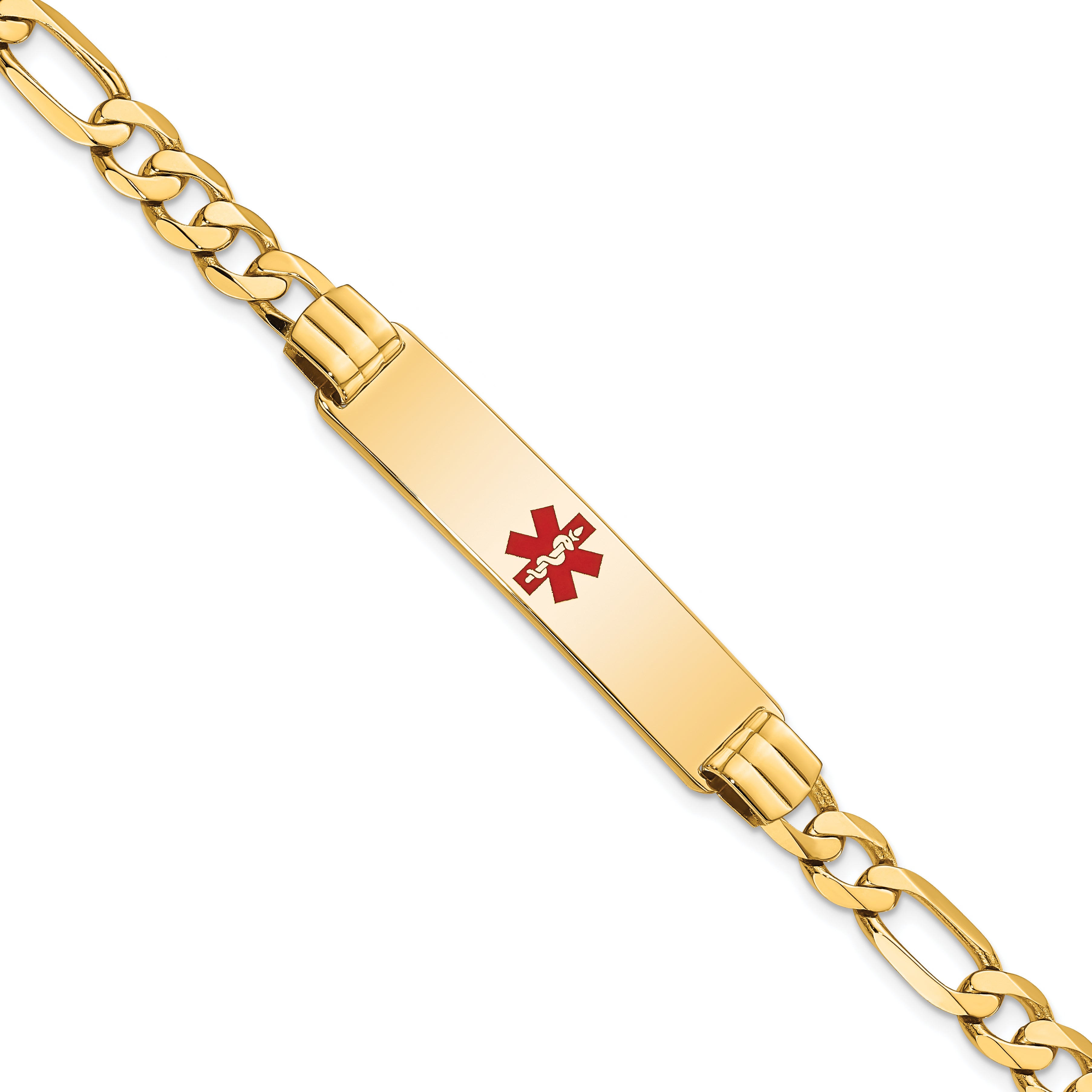 14K Medical Solid Chain/Solid Plate 40x10mm Centered Red Enamel Flat Figaro Link 7 inch ID Bracelet