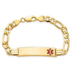 14K Medical Solid Chain/Solid Plate 40x10mm Off-Center Red Enamel Flat Figaro Link 7 inch ID Bracelet
