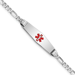 14K White Gold Medical Solid Chain/Solid Plate 24x7mm Soft Diamond Shape Centered Red Enamel Figaro Link 7 inch ID Bracelet