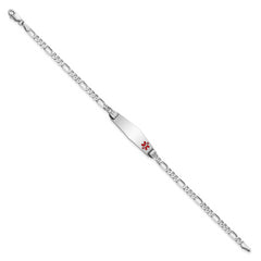 14K White Gold Medical Solid Chain/Solid Plate 26x7mm Soft Diamond Shape Off-Center Red Enamel Figaro Link 7 inch ID Bracelet