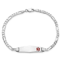 14K White Gold Medical Solid Chain/Solid Plate 26x7mm Soft Diamond Shape Off-Center Red Enamel Figaro Link 7 inch ID Bracelet