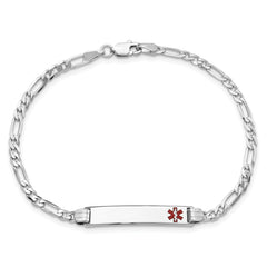 14K White Gold Medical Solid Chain/Solid Plate 26x5mm Off-Center Red Enamel Figaro Link 7 inch ID Bracelet