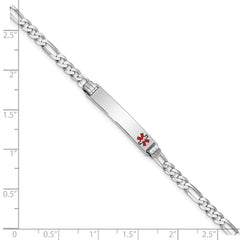 14K White Gold Medical Solid Chain/Solid Plate 26x5mm Off-Center Red Enamel Figaro Link 7 inch ID Bracelet