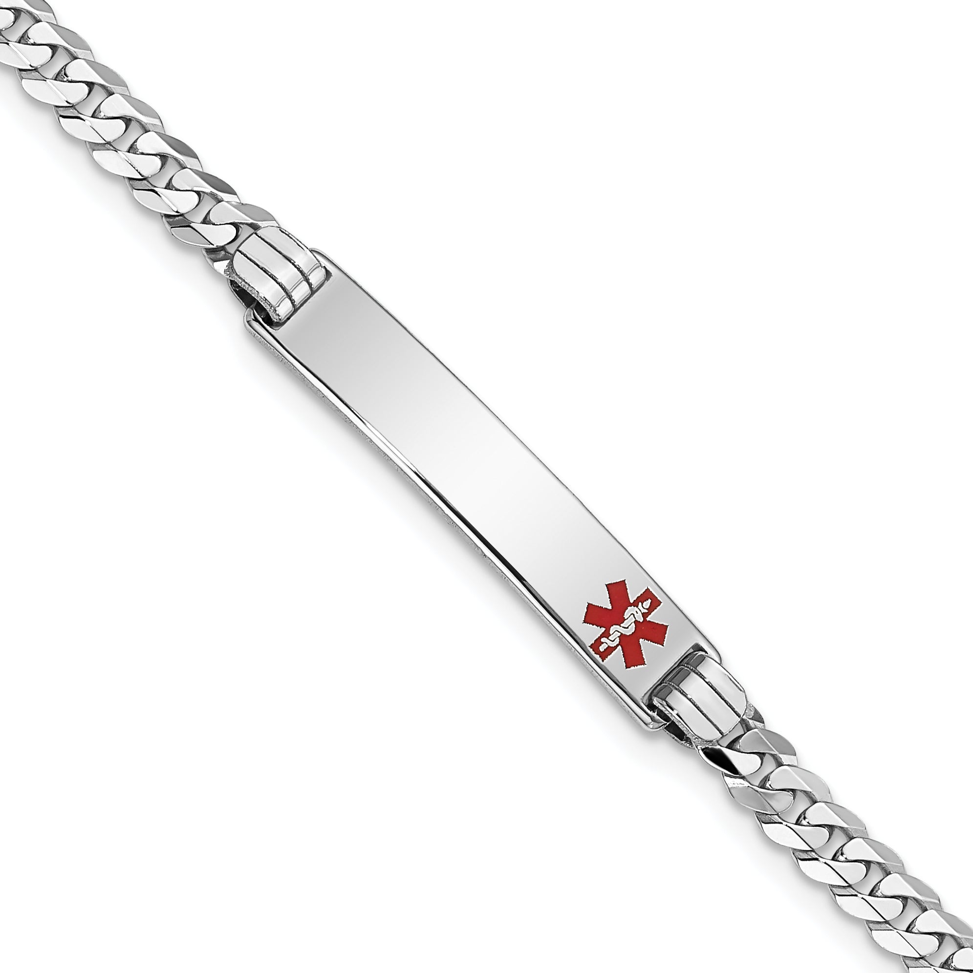 14K White Gold Medical Solid Chain/Solid Plate 26x5mm Off-Center Red Enamel Flat Curb Link 7 inch ID Bracelet