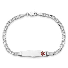 14K White Gold Medical Solid Chain/Solid Plate 26x7mm Soft Diamond Shape Off-Center Red Enamel Anchor Link 7 inch ID Bracelet
