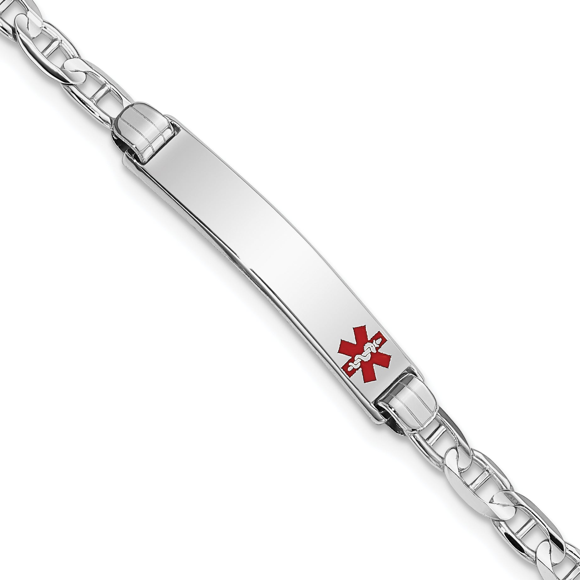 14K White Gold Medical Solid Chain/Solid Plate 26x5mm Off-Center Red Enamel Anchor Link 7 inch ID Bracelet