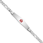 14K White Gold Medical Solid Chain/Solid Plate Soft Diamond Shape 36x9mm Centered Red Enamel Figaro Link 7 inch ID Bracelet