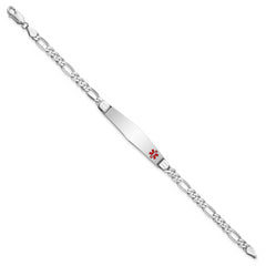 14K White Gold Medical Solid Chain/Solid Plate Soft Diamond Shape 37x9mm Off-Center Red Enamel Figaro Link 7 inch ID Bracelet