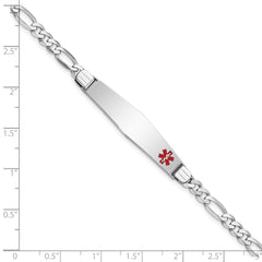 14K White Gold Medical Solid Chain/Solid Plate Soft Diamond Shape 37x9mm Off-Center Red Enamel Figaro Link 7 inch ID Bracelet