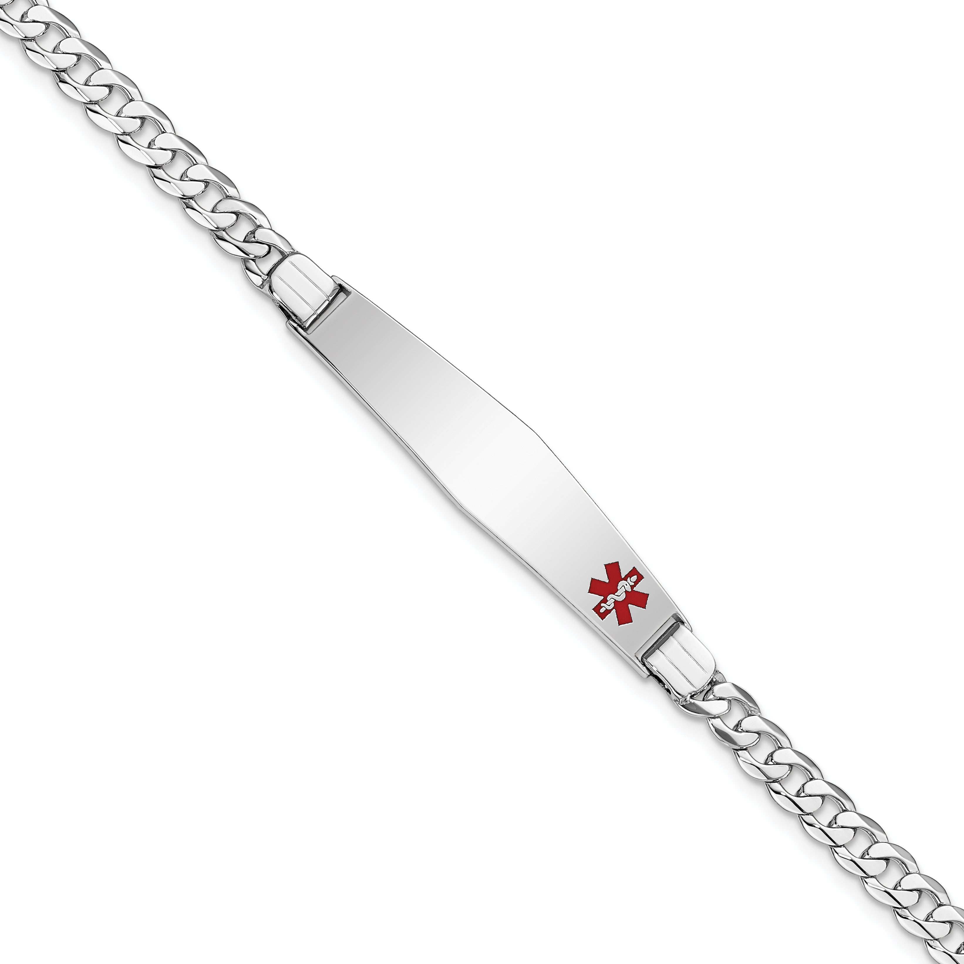 14K White Gold Medical Solid Chain/Solid Plate Soft Diamond Shape 37x9mm Off-Center Red Enamel Flat Curb Link 7 inch ID Bracelet