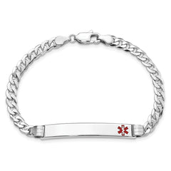 14K White Gold Medical Solid Chain/Solid Plate 37x6mm Off-Center Red Enamel Flat Curb Link 7 inch ID Bracelet