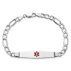 14K White Gold Medical Semi-Solid Chain/Solid Plate Soft Diamond Shape 37x9mm Centered Red Enamel Figaro Link 7 inch ID Bracelet