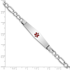 14K White Gold Medical Semi-Solid Chain/Solid Plate Soft Diamond Shape 37x9mm Centered Red Enamel Figaro Link 7 inch ID Bracelet