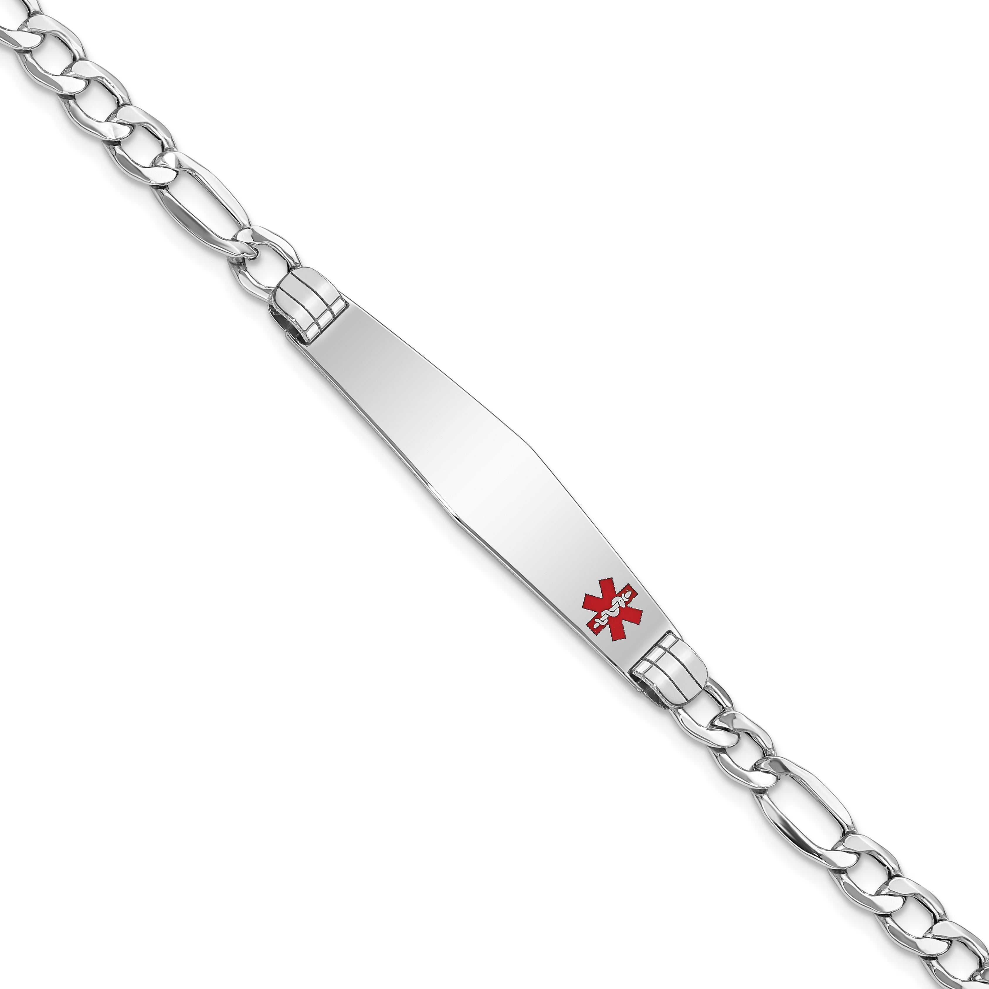 14K White Gold Medical Semi-Solid Chain/Solid Plate Soft Diamond Shape 37x9mm Off-Center Red Enamel Figaro Link 7 inch ID Bracelet