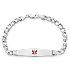 14K White Gold Medical Semi-Solid Chain/Solid Plate Soft Diamond Shape 36x9mm Centered Red Enamel Curb Link 7 inch ID Bracelet